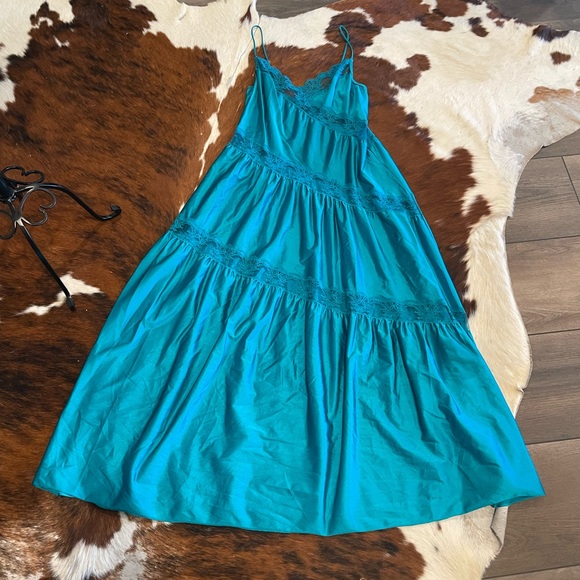 Vintage lingerie slip Pleated Lace Trim Maxi Dress Size M Blue - Picture 8 of 9